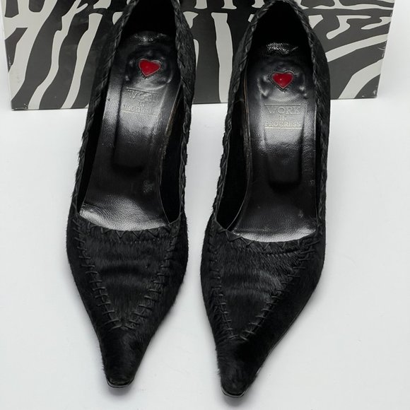 💖Italian Black Genuine Fur Leather Heels by Work In Progress Size 7 - Picture 2 of 10